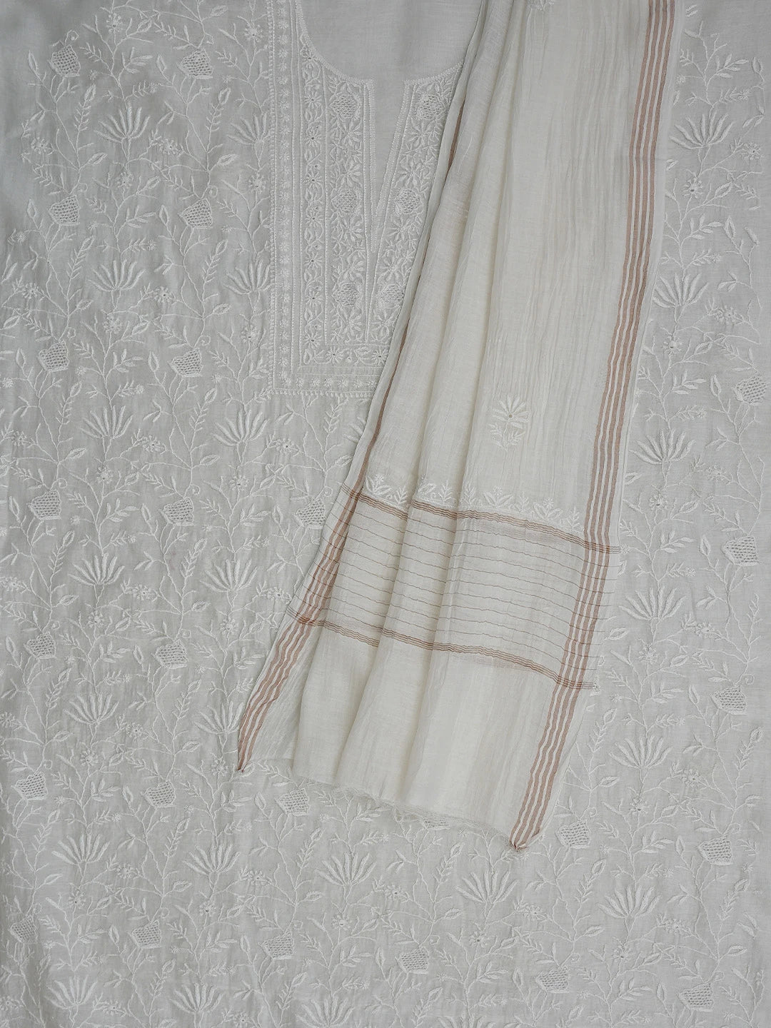 Ada Hand Embroidered White Ivory Chanderi Lucknowi Chikankari Unstitched Kurta Dupatta Set 01A821737