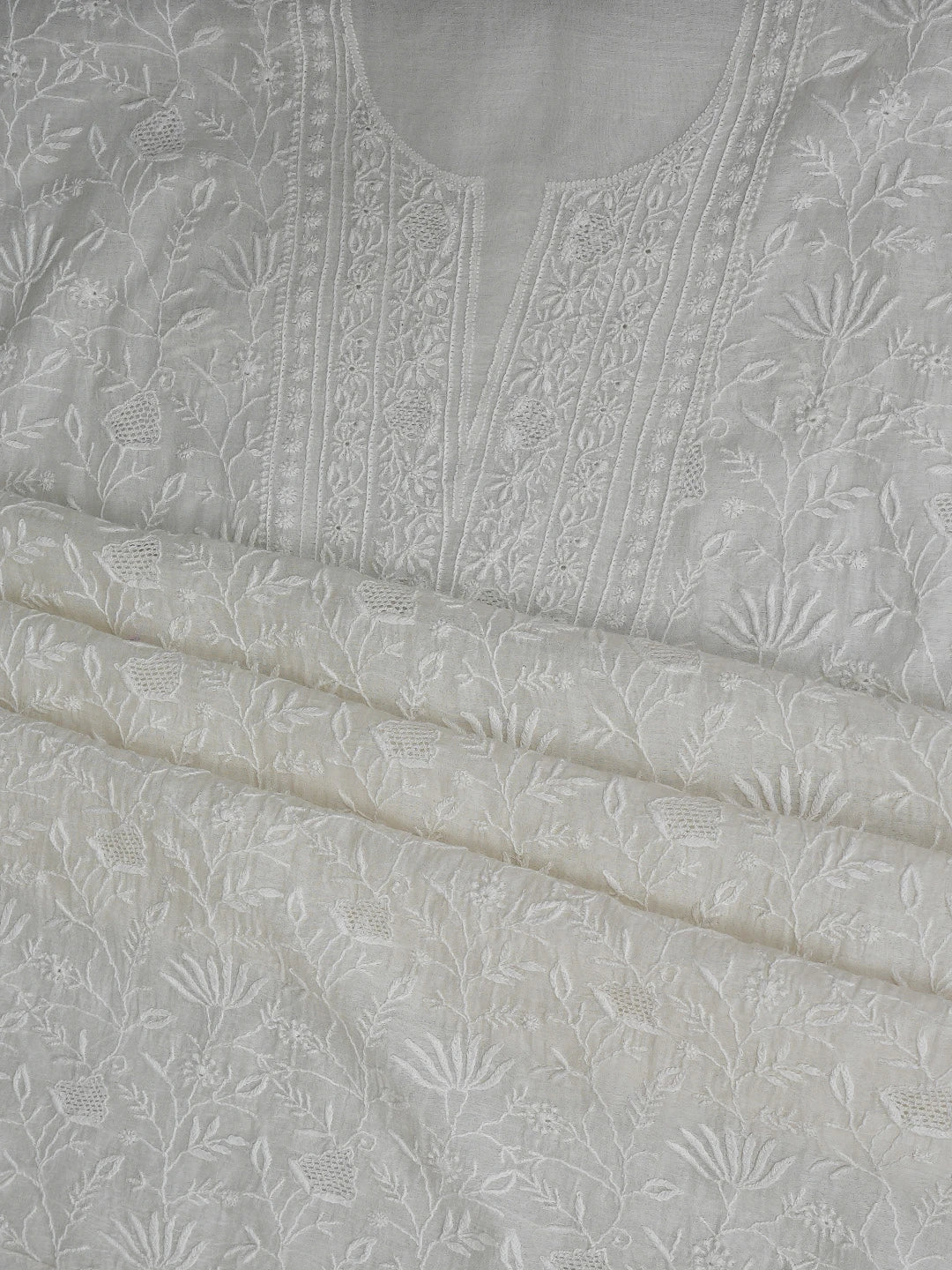 Ada Hand Embroidered White Ivory Chanderi Lucknowi Chikankari Unstitched Kurta Dupatta Set 01A821737