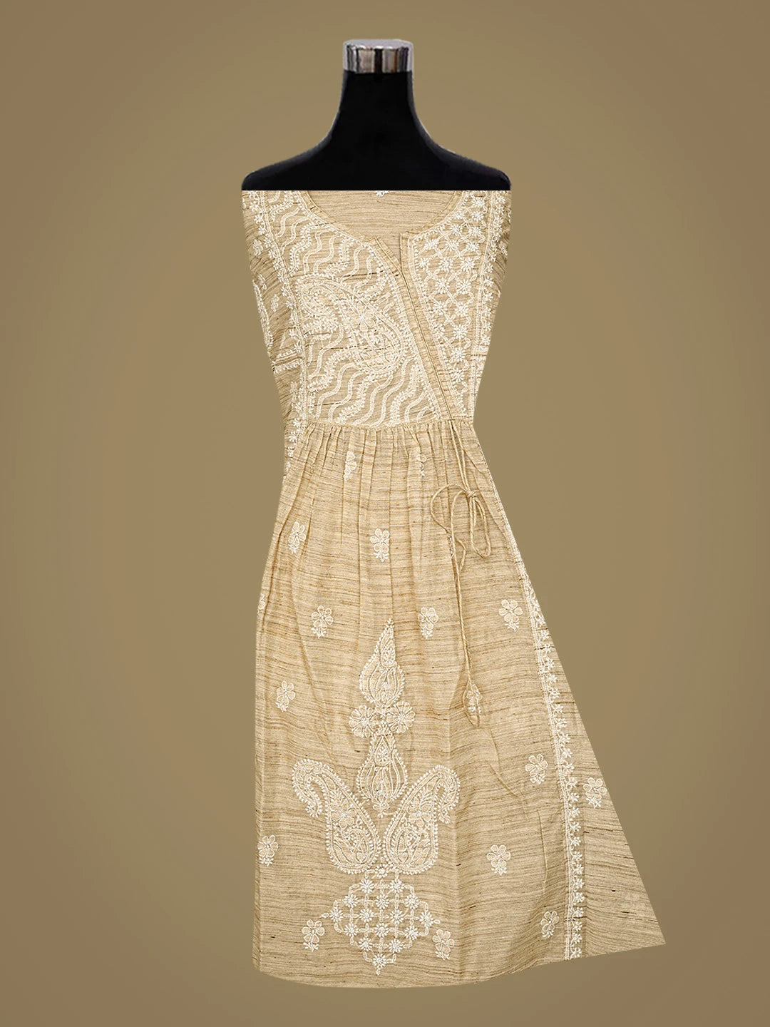 Ada Hand Embroidered Fawn Khadi Chanderi Lucknowi Chikankari Semi-Stitched Kurta Dupatta Set 01A573657