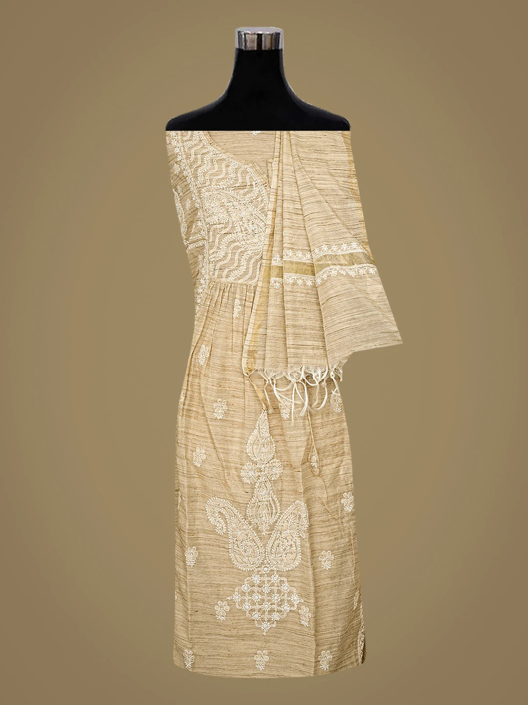 Ada Hand Embroidered Fawn Khadi Chanderi Lucknowi Chikankari Semi-Stitched Kurta Dupatta Set 01A573657