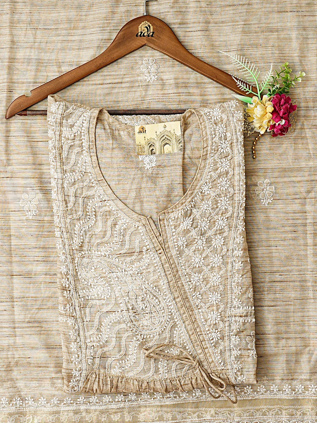 Ada Hand Embroidered Fawn Khadi Chanderi Lucknowi Chikankari Semi-Stitched Kurta Dupatta Set 01A573657