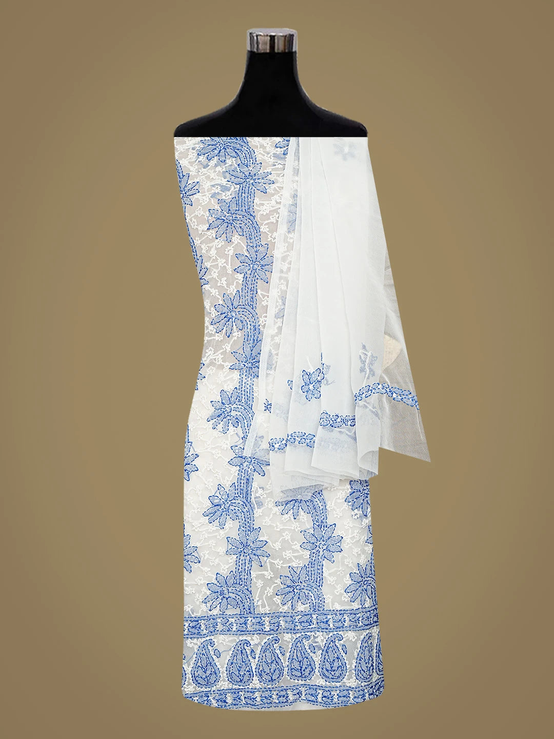 Ada Hand Embroidered White Georgette Lucknowi Chikankari Unstitched Suit Piece 01A853411