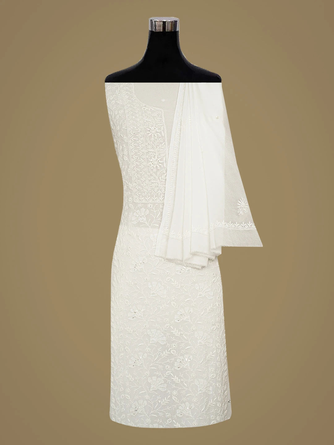 Ada Hand Embroidered White Viscose Georgette Lucknowi Chikankari Unstitched Kurta Dupatta Set With Pearl Work 01A510764