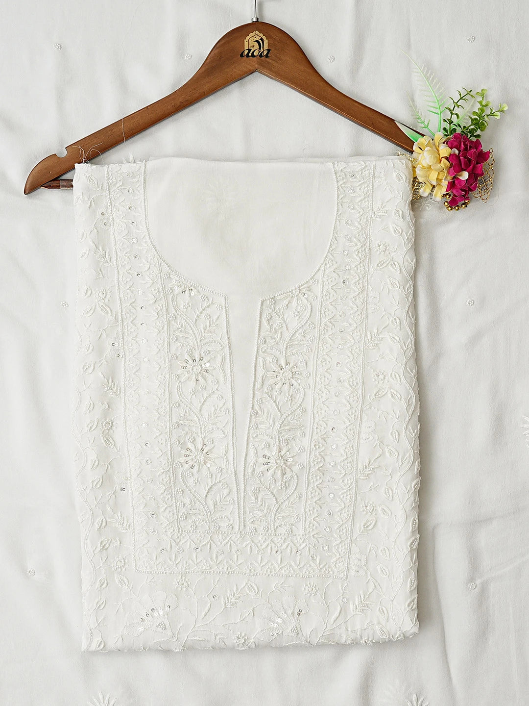 Ada Hand Embroidered White Viscose Georgette Lucknowi Chikankari Unstitched Kurta Dupatta Set With Pearl Work 01A510764