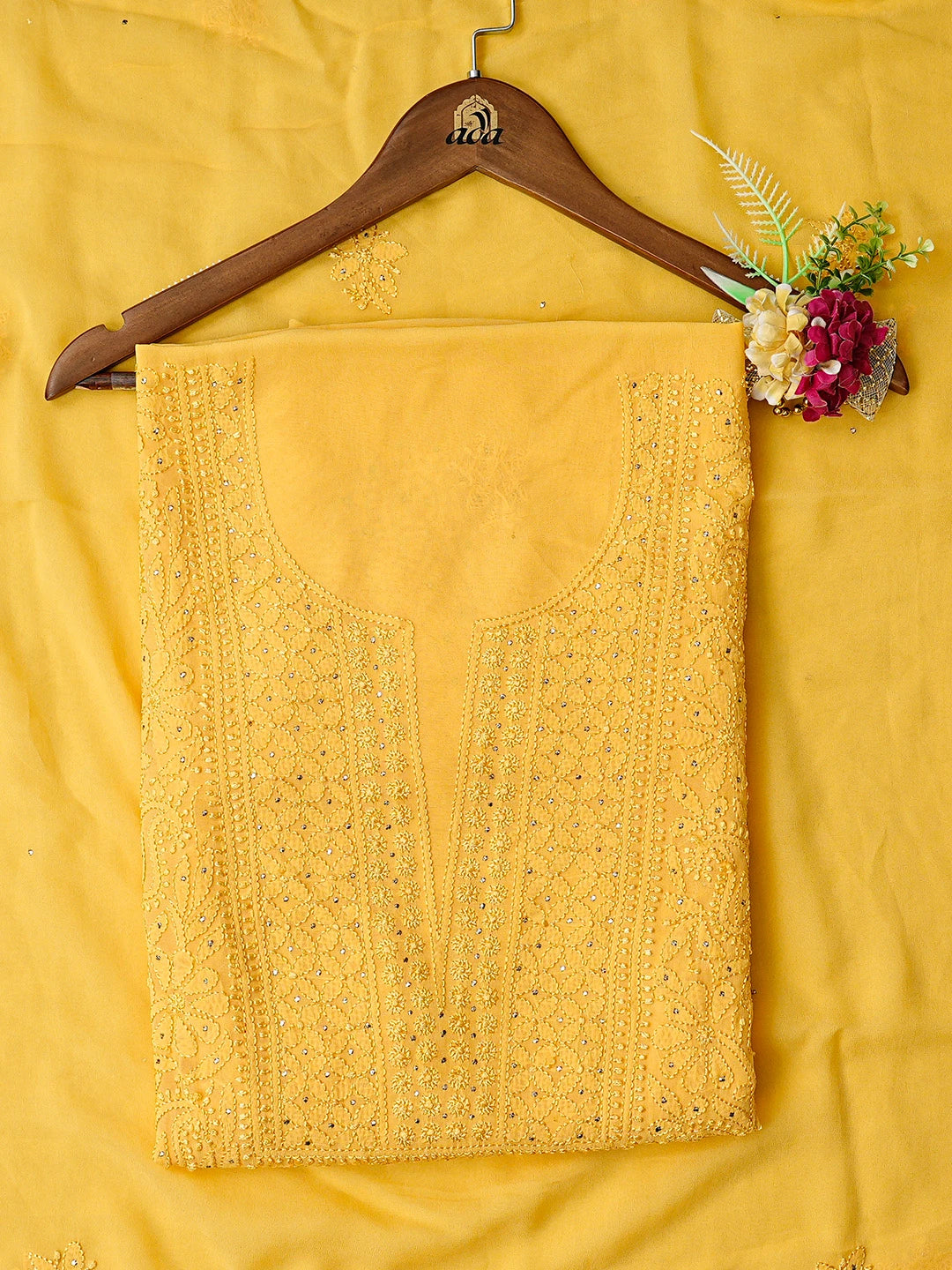 Ada Hand Embroidered Yellow Viscose Georgette Lucknowi Chikankari Unstitched Kurta Dupatta Set With Mukaish Work 01A724475