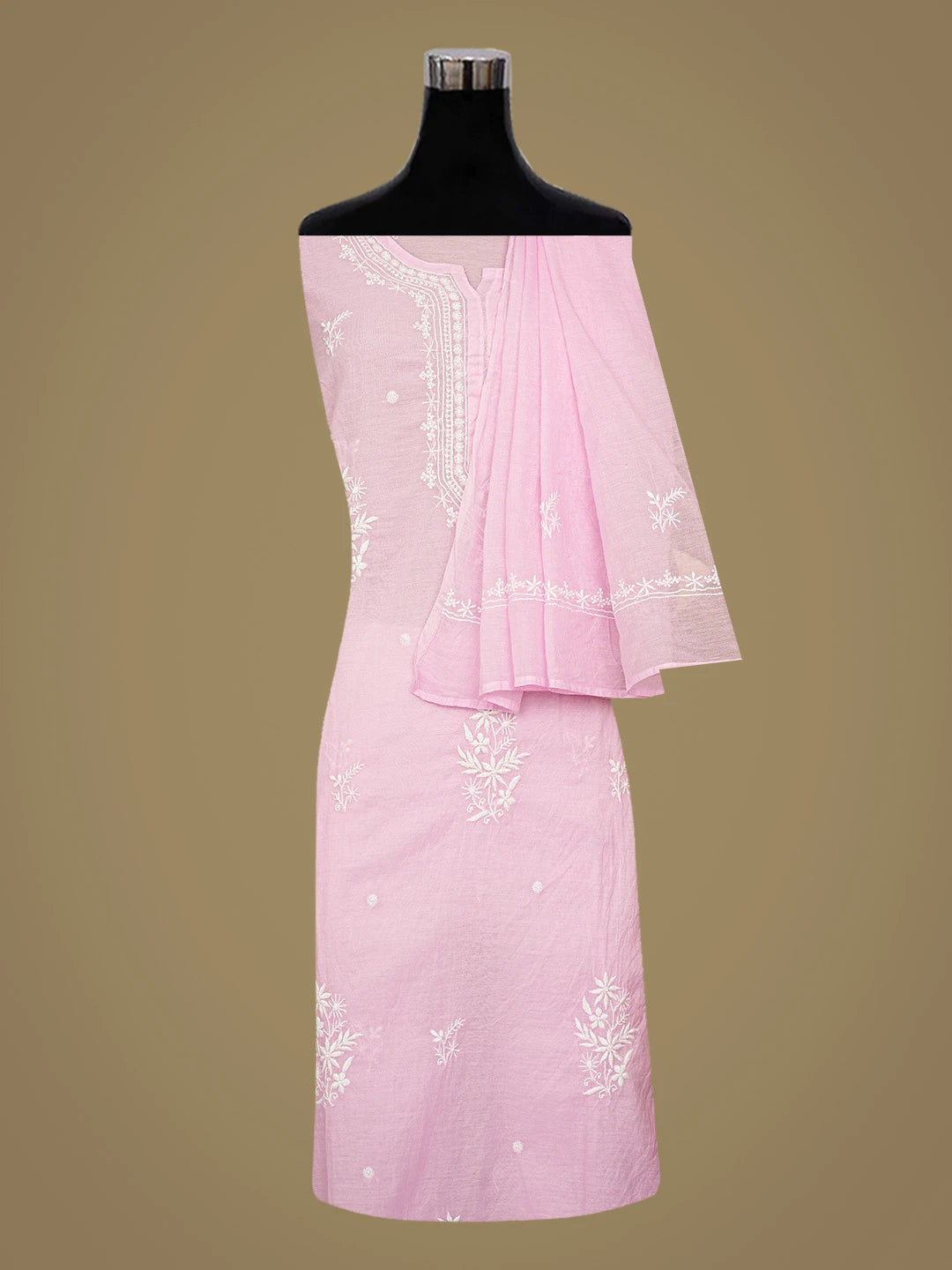 Ada Hand Embroidered Pink Chanderi Lucknowi Chikankari Semi-Stitched Kurta Dupatta Set 01A864375