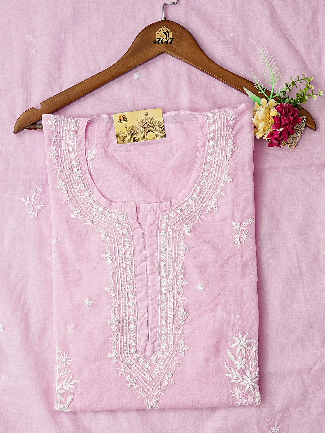 Ada Hand Embroidered Pink Chanderi Lucknowi Chikankari Semi-Stitched Kurta Dupatta Set 01A864375