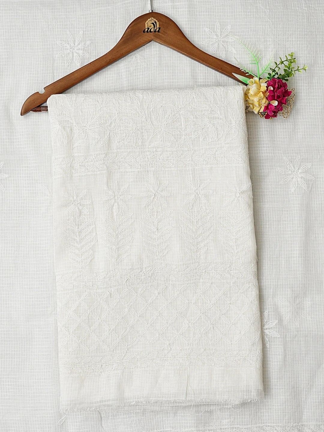 Ada Hand Embroidered White Kota Lucknowi Chikankari Unstitched Kurta Dupatta Set 01A751338