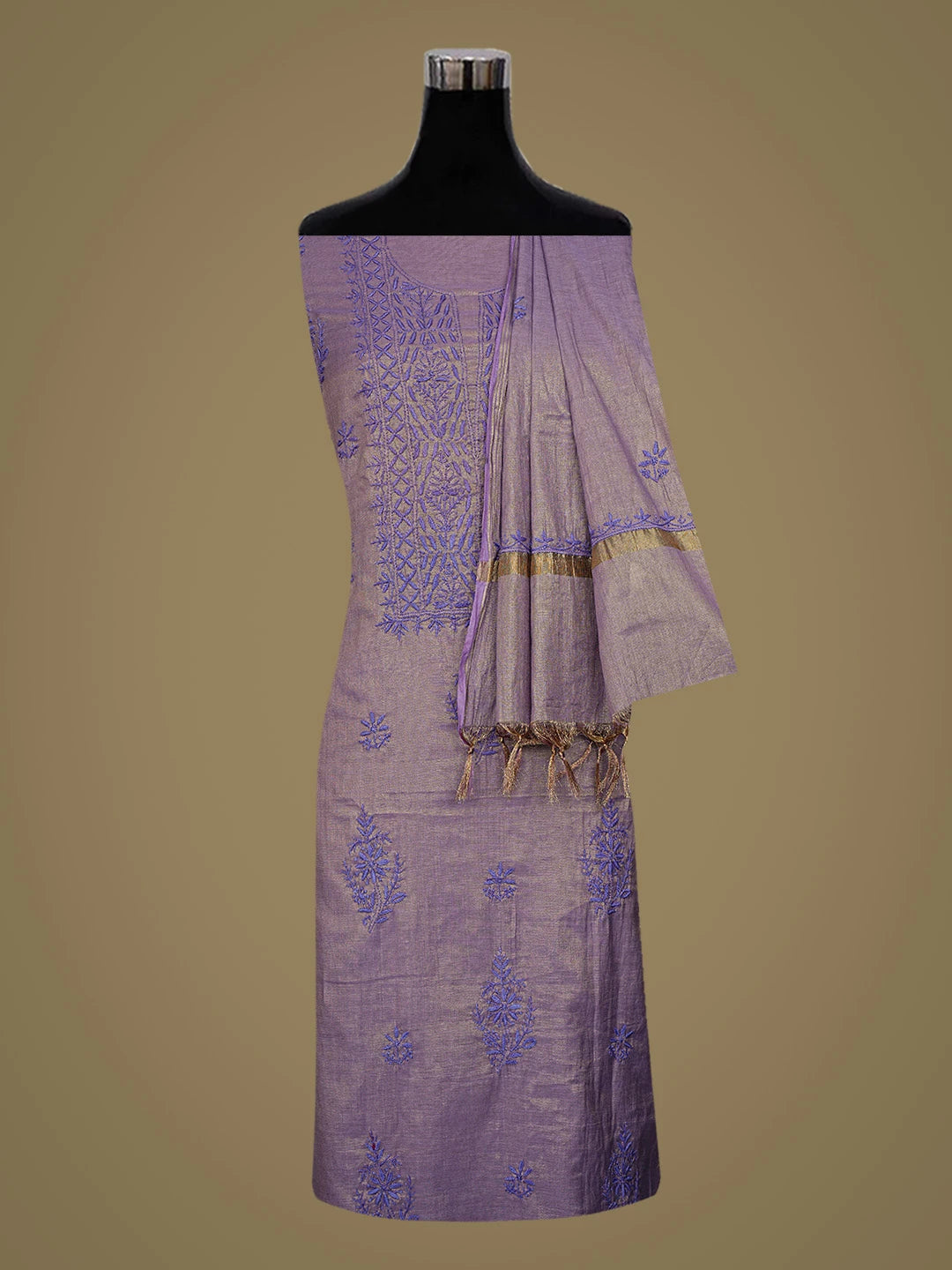 Ada Hand Embroidered Purple Tissue Lucknowi Chikankari Unstitched Kurta Dupatta Set 01A779565
