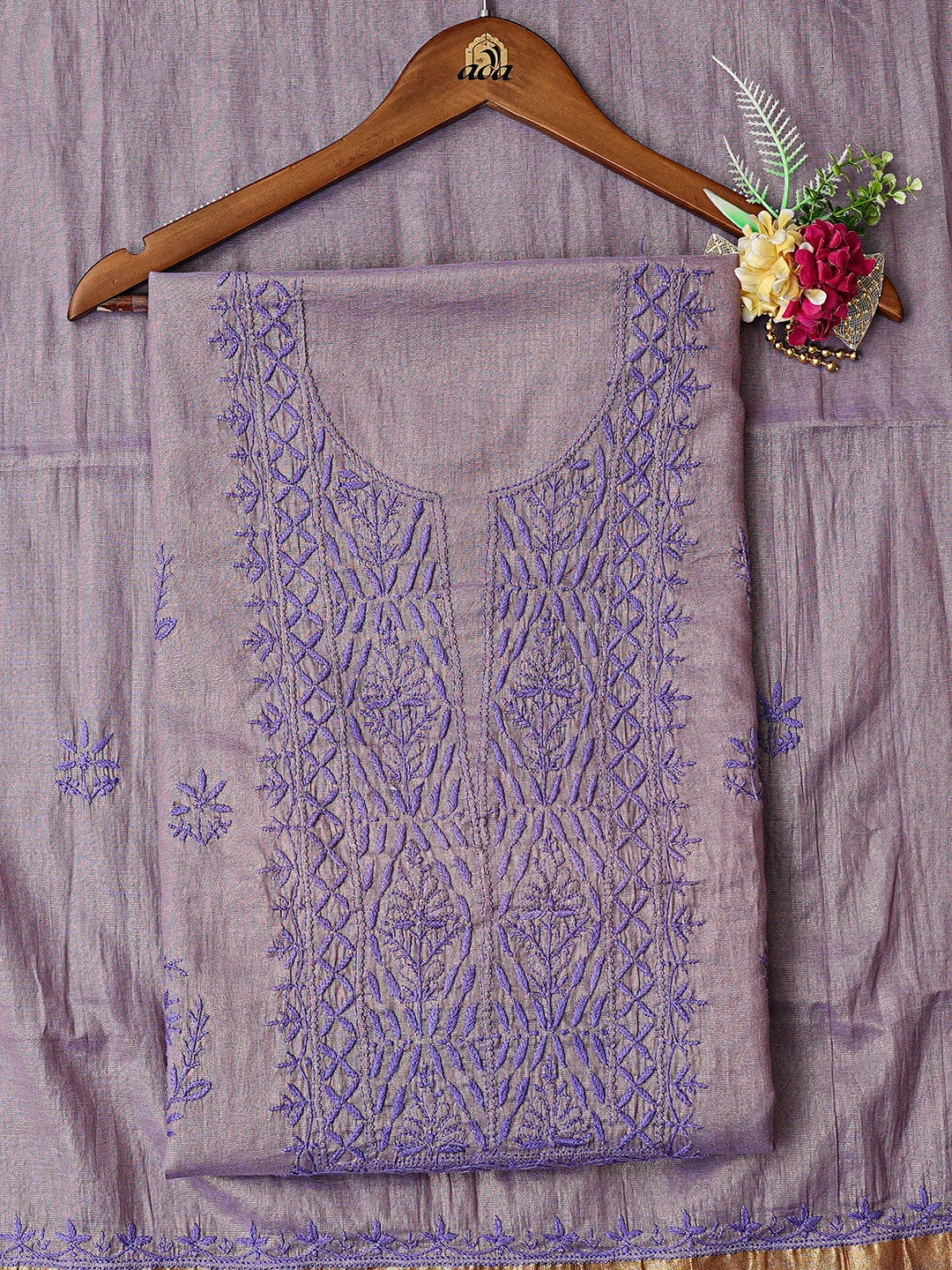Ada Hand Embroidered Purple Tissue Lucknowi Chikankari Unstitched Kurta Dupatta Set 01A779565