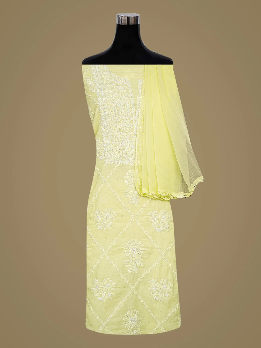 Ada Hand Embroidered Lime Green Cotton Lucknowi Chikankari Unstitched Suit Piece With Cutdana Work 01A677764
