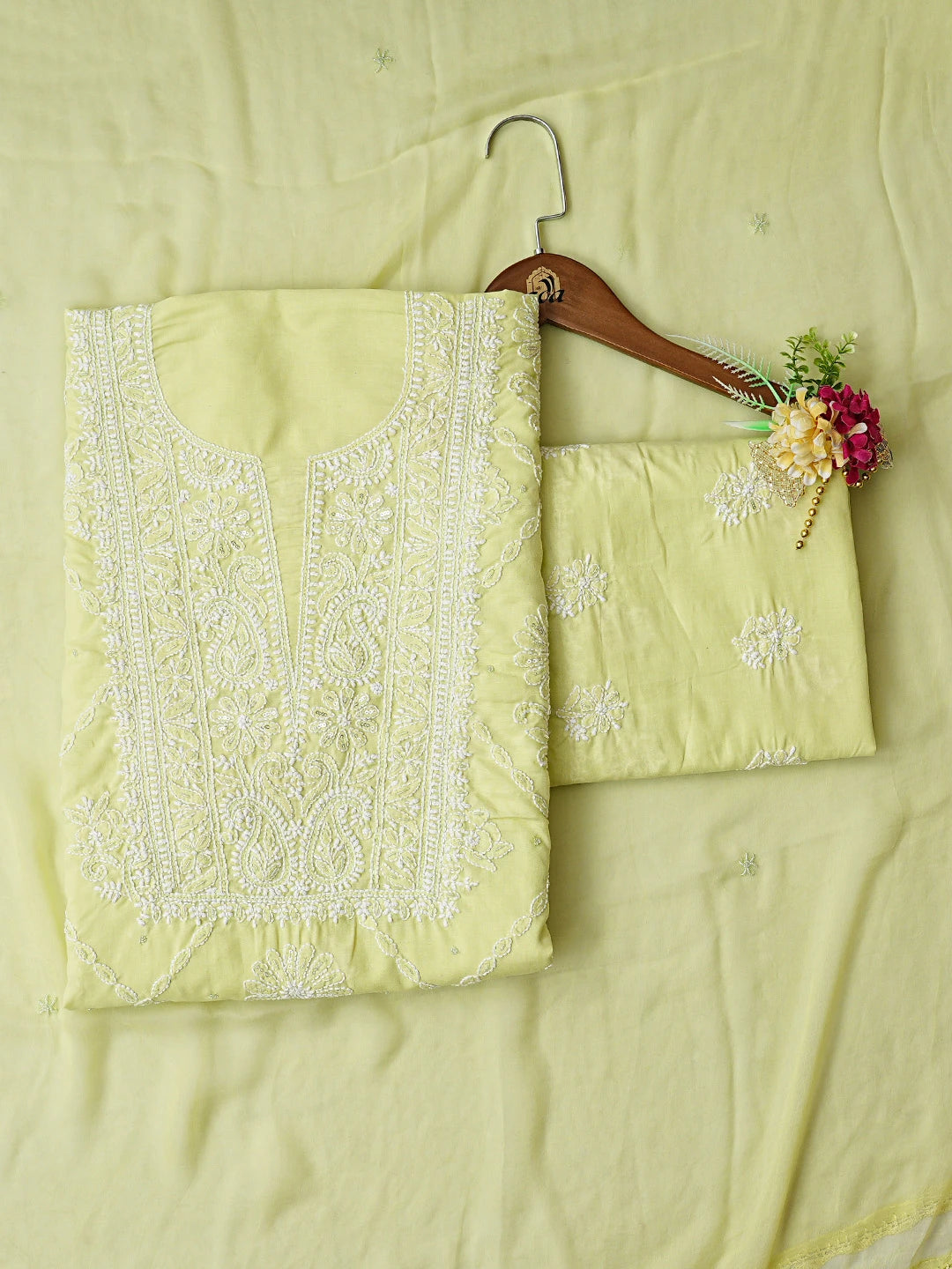 Ada Hand Embroidered Lime Green Cotton Lucknowi Chikankari Unstitched Suit Piece With Cutdana Work 01A677764