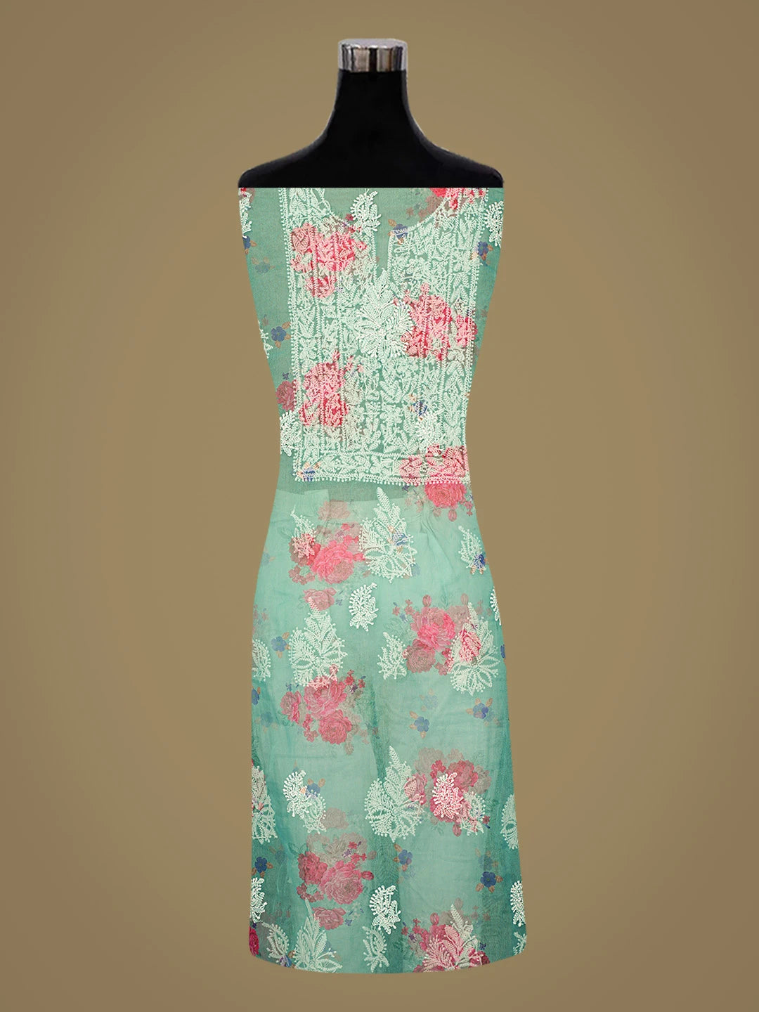 Ada Hand Embroidered Floral Printed Green Organza Lucknowi Chikankari Unstitched Kurta Dupatta Set 01A740596