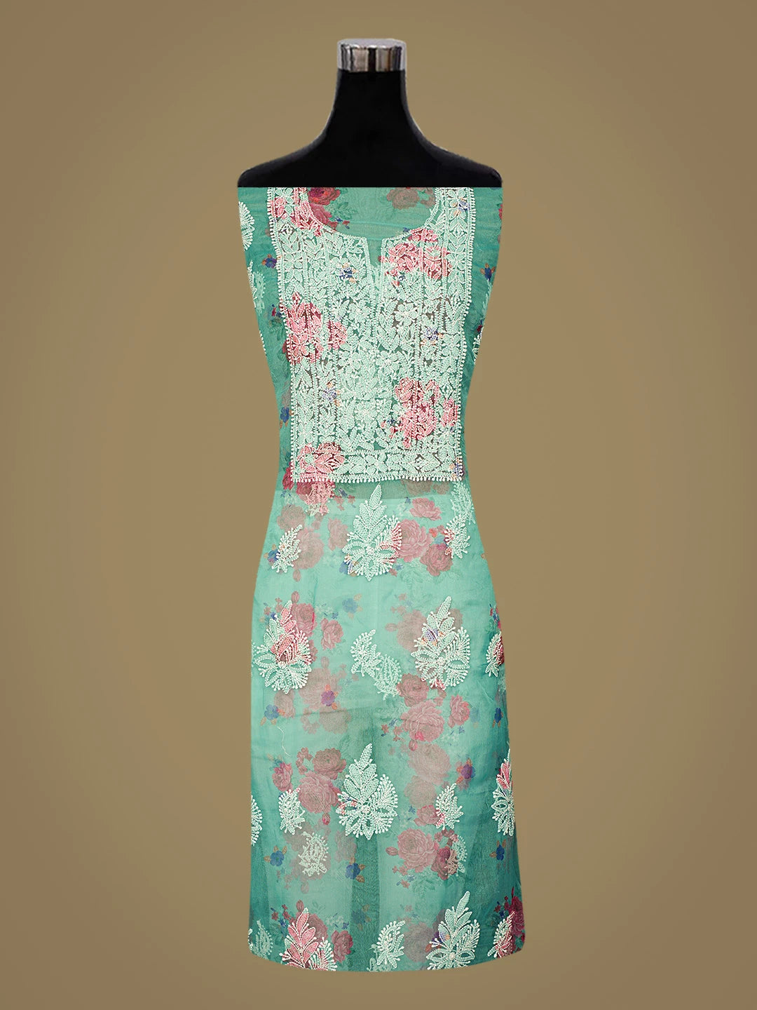 Ada Hand Embroidered Floral Printed Green Organza Lucknowi Chikankari Unstitched Kurta Dupatta Set 01A740596