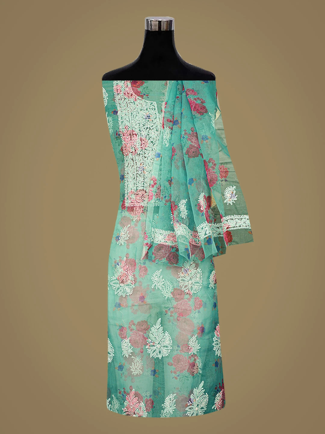 Ada Hand Embroidered Floral Printed Green Organza Lucknowi Chikankari Unstitched Kurta Dupatta Set 01A740596
