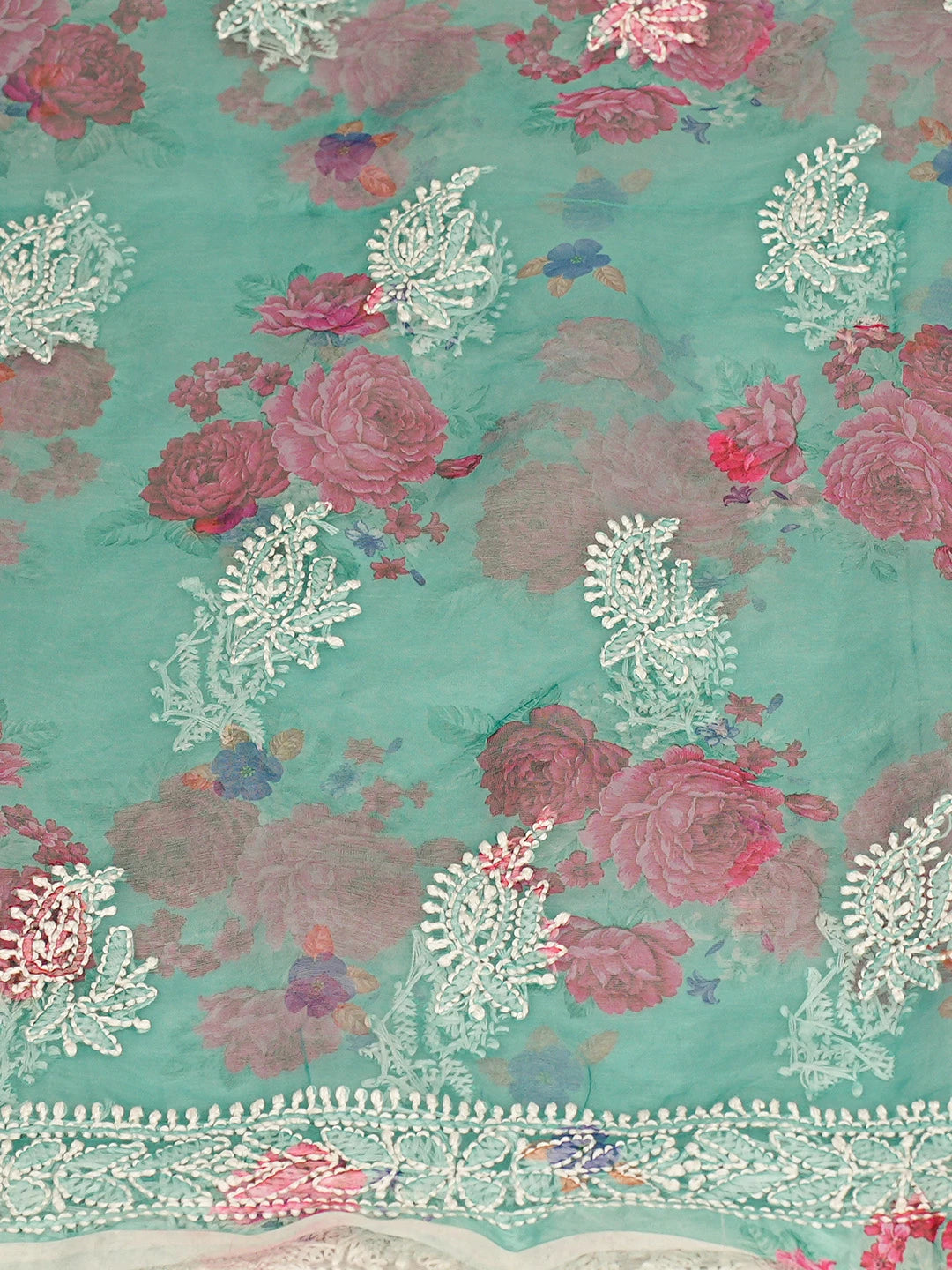 Ada Hand Embroidered Floral Printed Green Organza Lucknowi Chikankari Unstitched Kurta Dupatta Set 01A740596