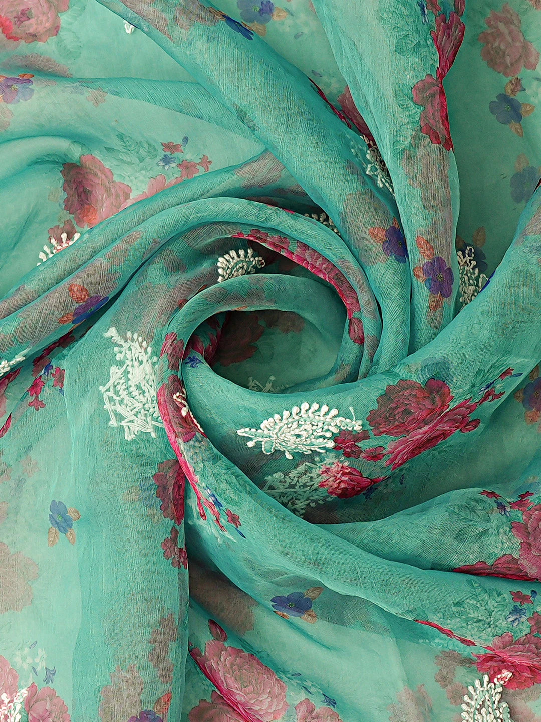 Ada Hand Embroidered Floral Printed Green Organza Lucknowi Chikankari Unstitched Kurta Dupatta Set 01A740596