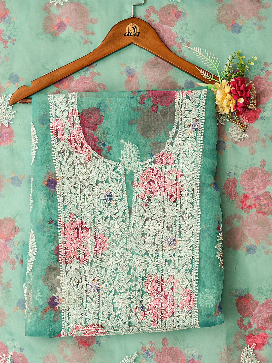 Ada Hand Embroidered Floral Printed Green Organza Lucknowi Chikankari Unstitched Kurta Dupatta Set 01A740596