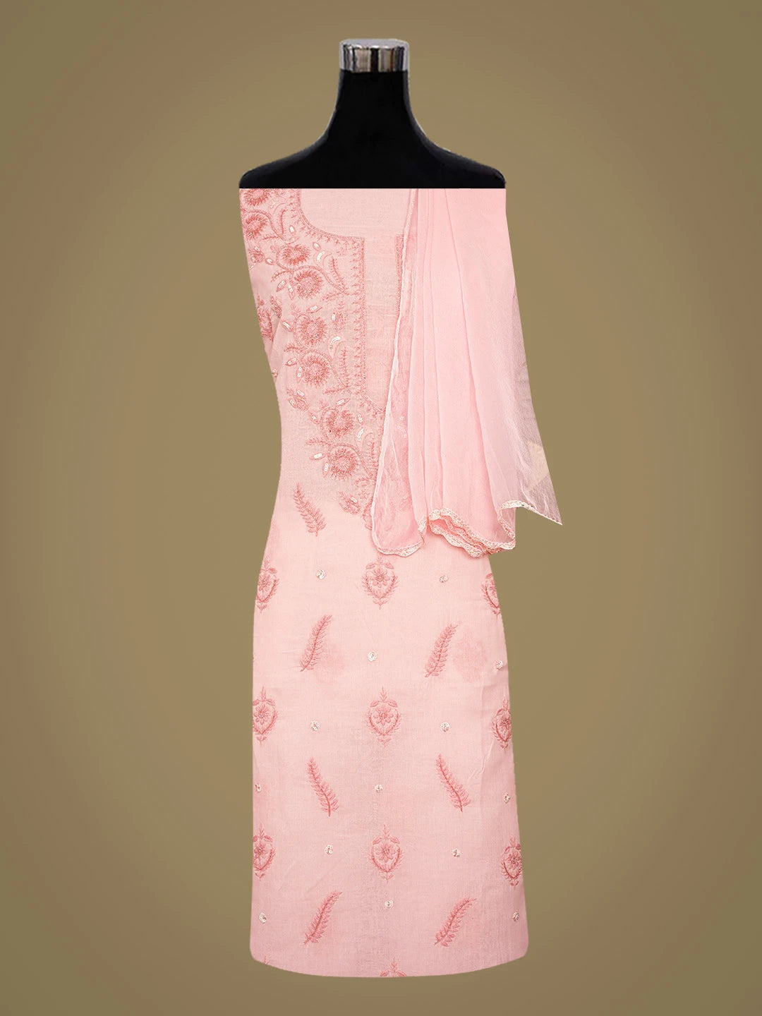 Ada Hand Embroidered Peach Cotton Lucknowi Chikankari Unstitched Suit Piece With Cutdana Work 01A791898