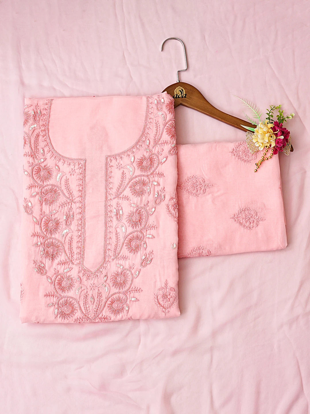 Ada Hand Embroidered Peach Cotton Lucknowi Chikankari Unstitched Suit Piece With Cutdana Work 01A791898