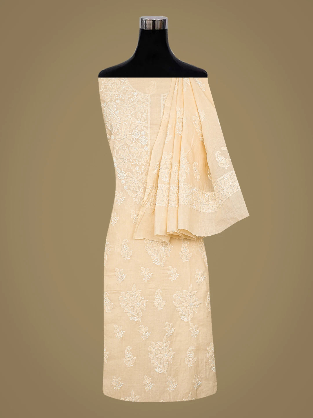 Ada Hand Embroidered Fawn Cotton Lucknowi Chikankari Unstitched Suit Piece 01A764945