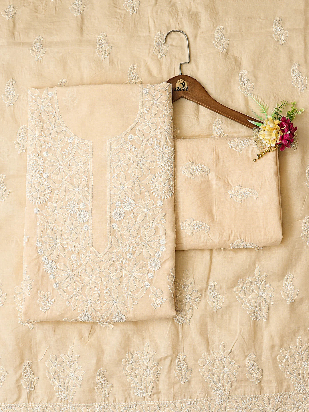 Ada Hand Embroidered Fawn Cotton Lucknowi Chikankari Unstitched Suit Piece 01A764945