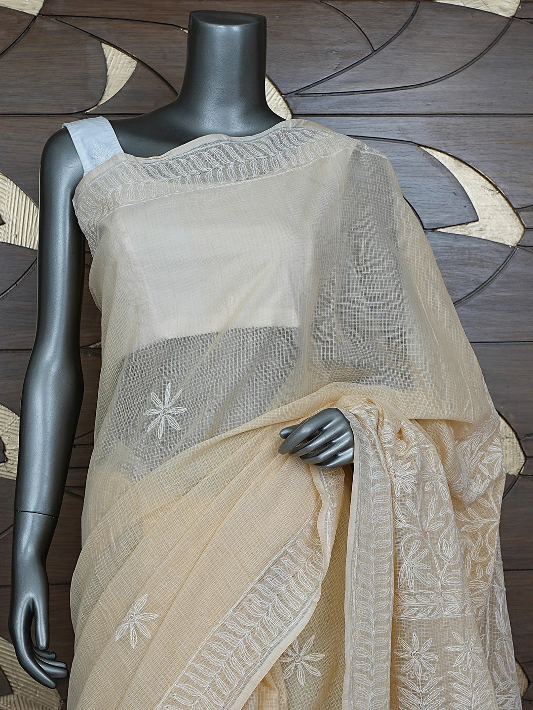 Ada Hand Embroidered Fawn Kota Lucknowi Chikankari Saree and Blouse 01A810498