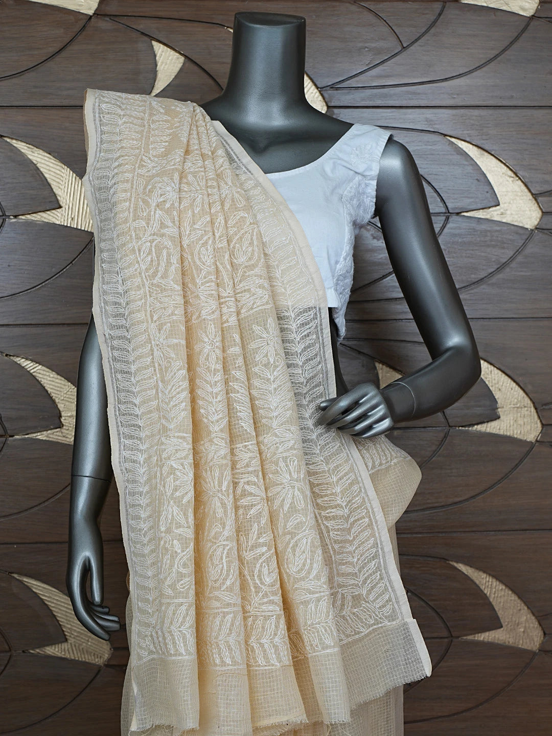 Ada Hand Embroidered Fawn Kota Lucknowi Chikankari Saree and Blouse 01A810498