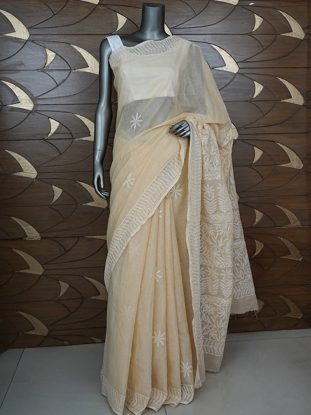 Ada Hand Embroidered Fawn Kota Lucknowi Chikankari Saree and Blouse 01A810498
