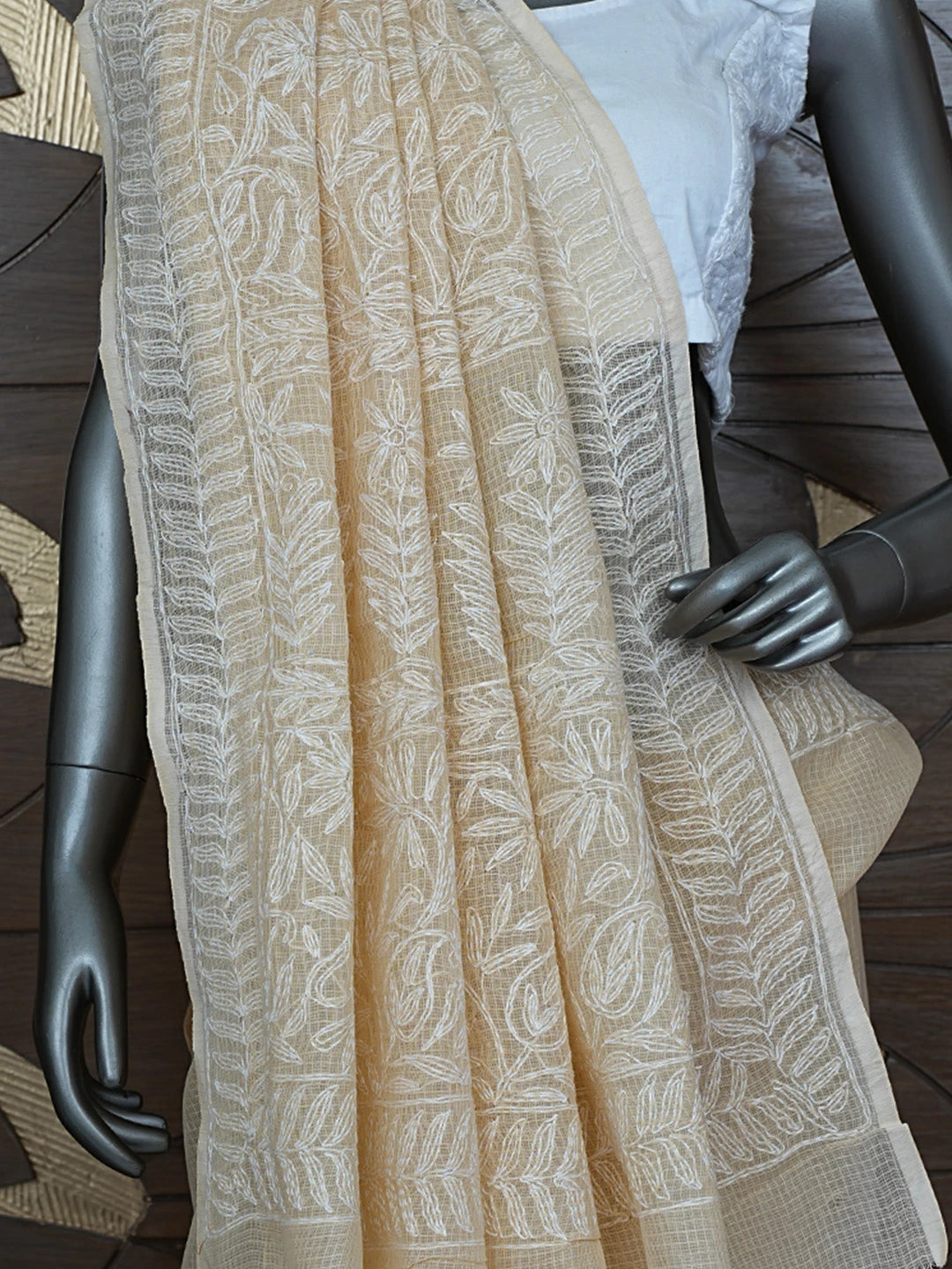 Ada Hand Embroidered Fawn Kota Lucknowi Chikankari Saree and Blouse 01A810498