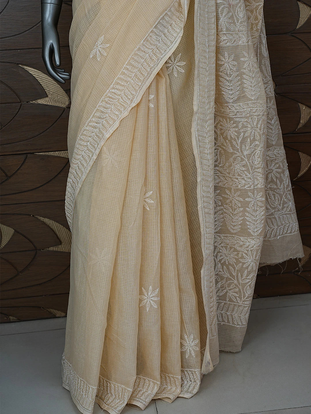 Ada Hand Embroidered Fawn Kota Lucknowi Chikankari Saree and Blouse 01A810498