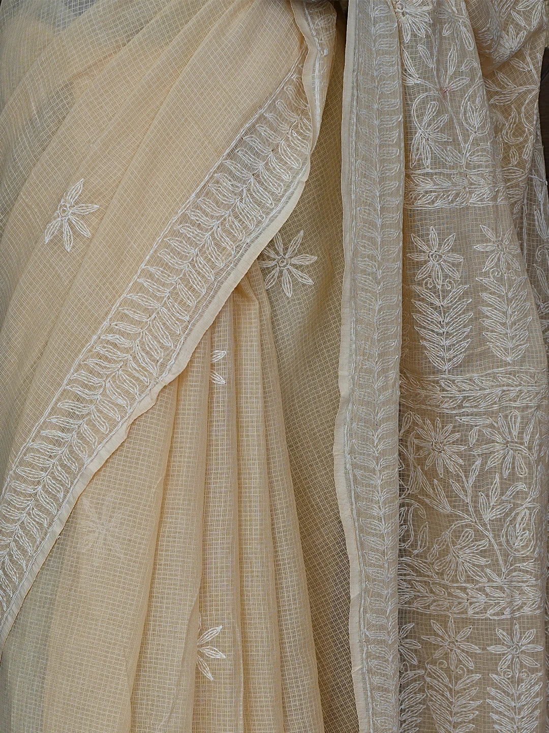 Ada Hand Embroidered Fawn Kota Lucknowi Chikankari Saree and Blouse 01A810498