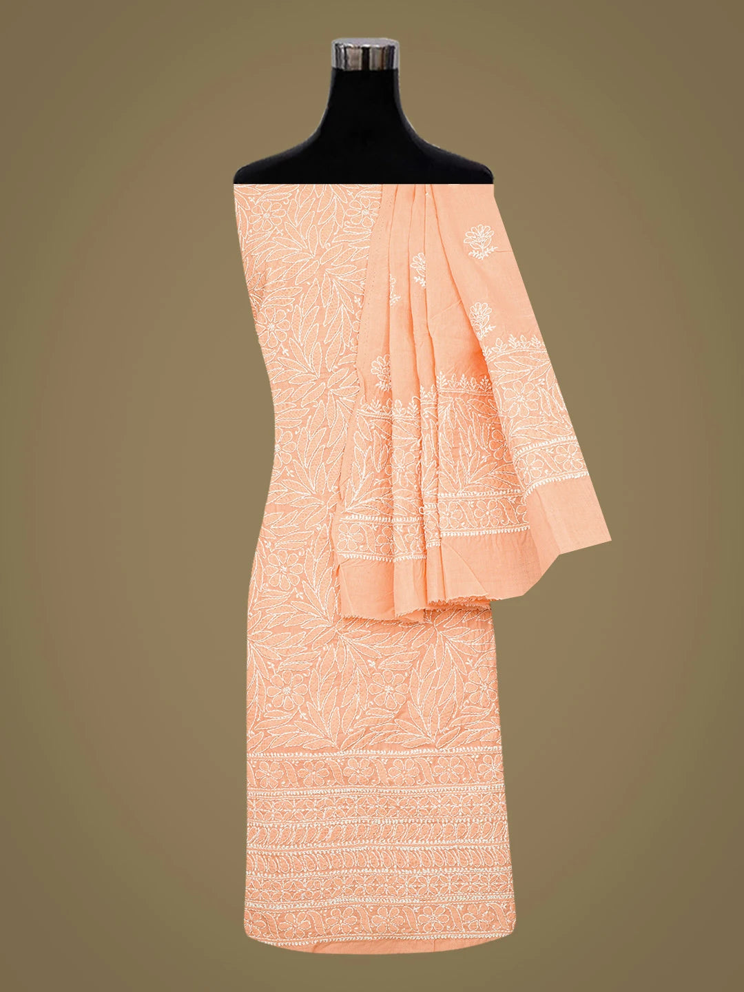 Ada Hand Embroidered Peach Cotton Lucknowi Chikankari Unstitched Suit Piece 01A670889