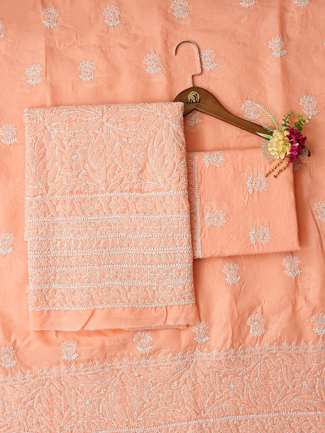 Ada Hand Embroidered Peach Cotton Lucknowi Chikankari Unstitched Suit Piece 01A670889