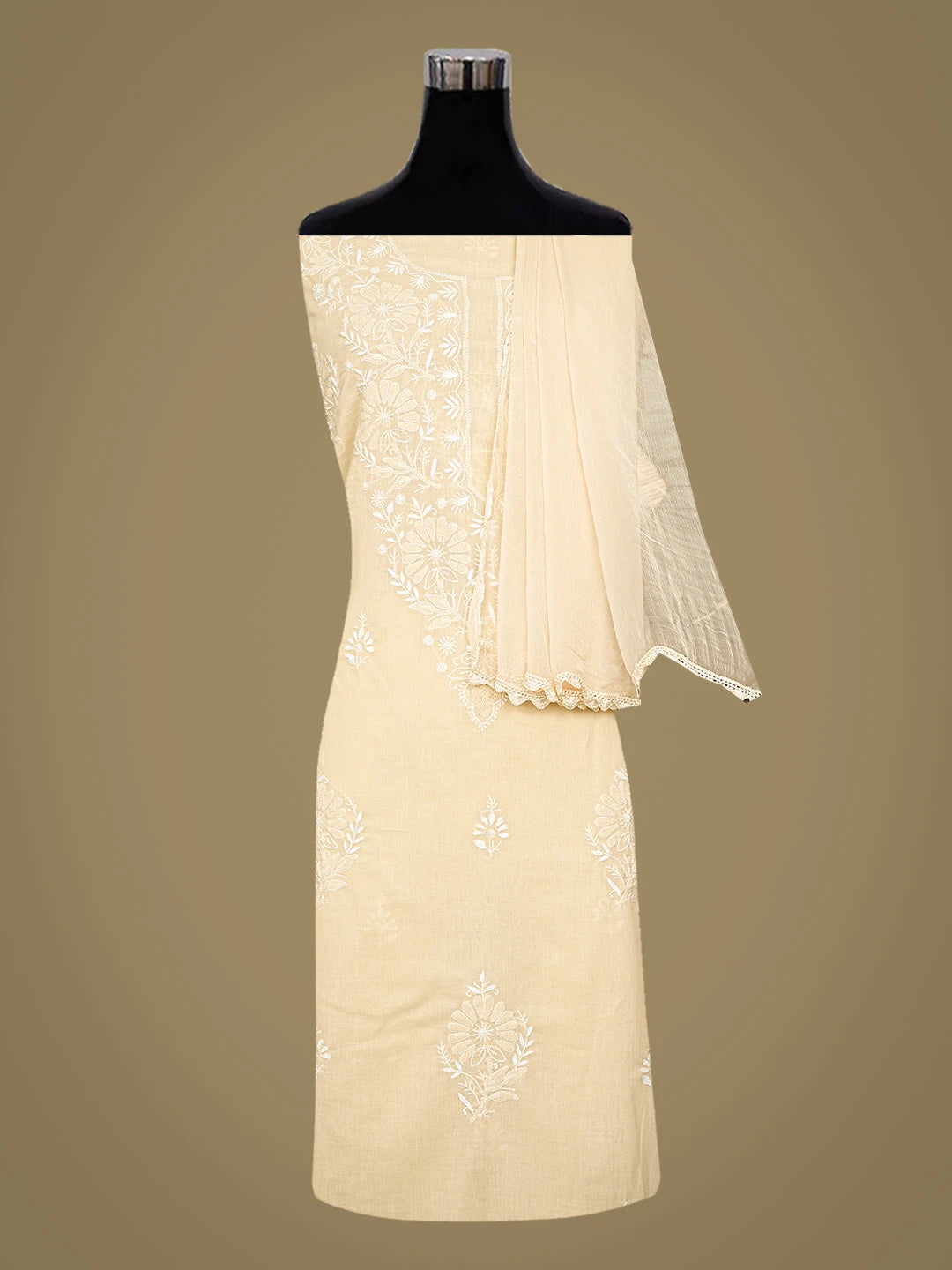 Ada Hand Embroidered Fawn Cotton Lucknowi Chikankari Unstitched Suit Piece 01A762922