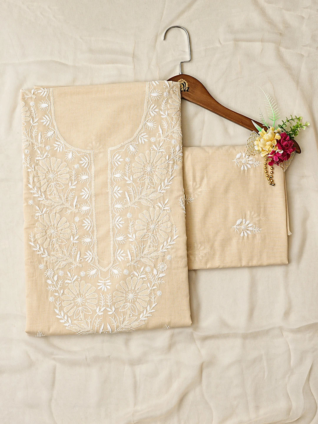 Ada Hand Embroidered Fawn Cotton Lucknowi Chikankari Unstitched Suit Piece 01A762922