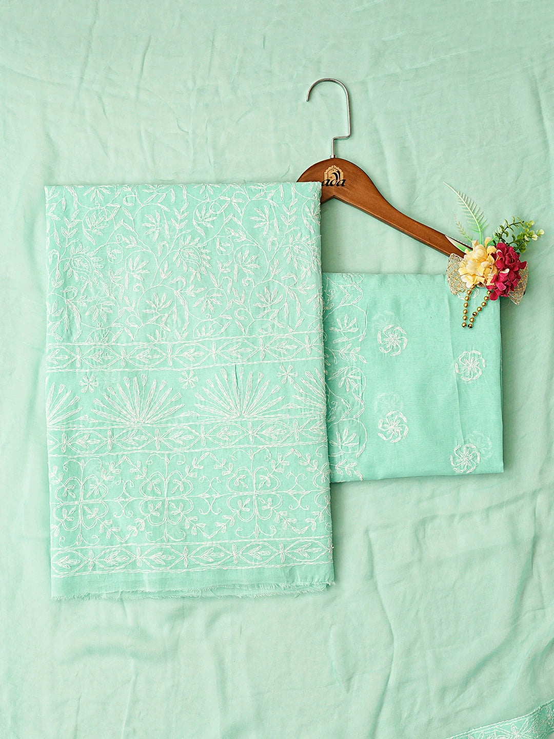 Ada Hand Embroidered Sea Green Cotton Lucknowi Chikankari Unstitched Suit Piece 01A346909
