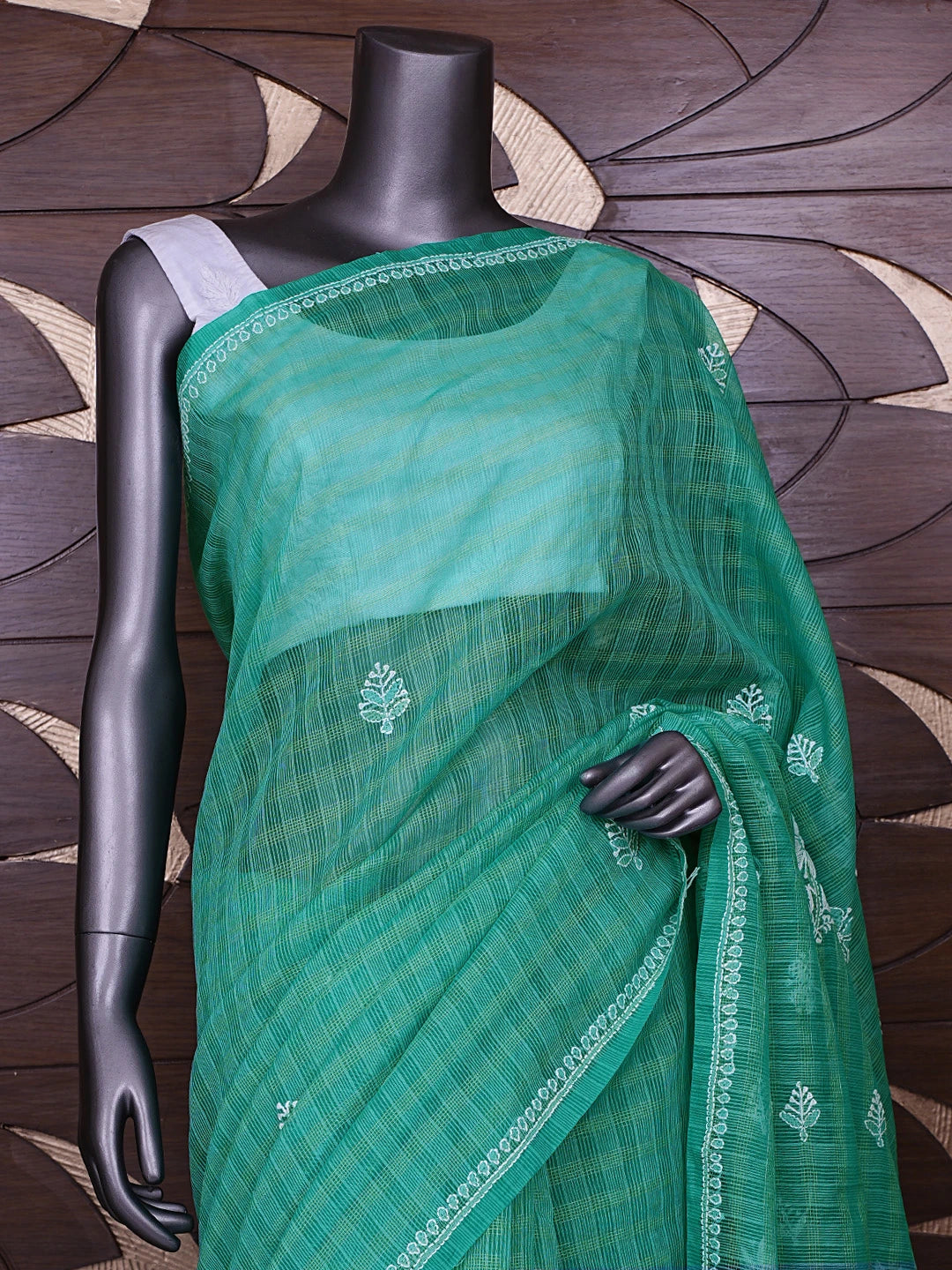 Ada Hand Embroidered Green Super Net Lucknowi Chikankari Saree With Blouse 01A775611