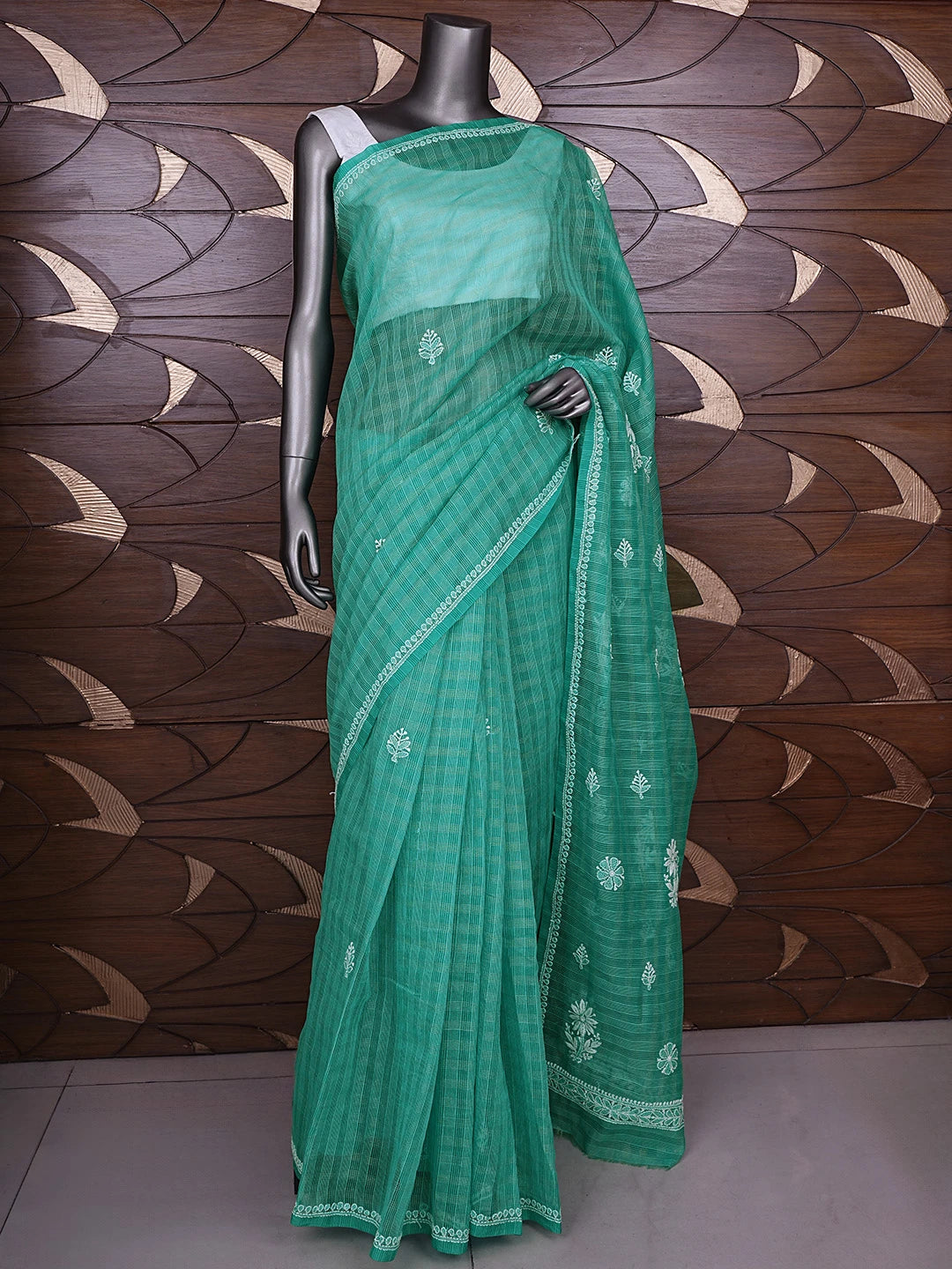 Ada Hand Embroidered Green Super Net Lucknowi Chikankari Saree With Blouse 01A775611