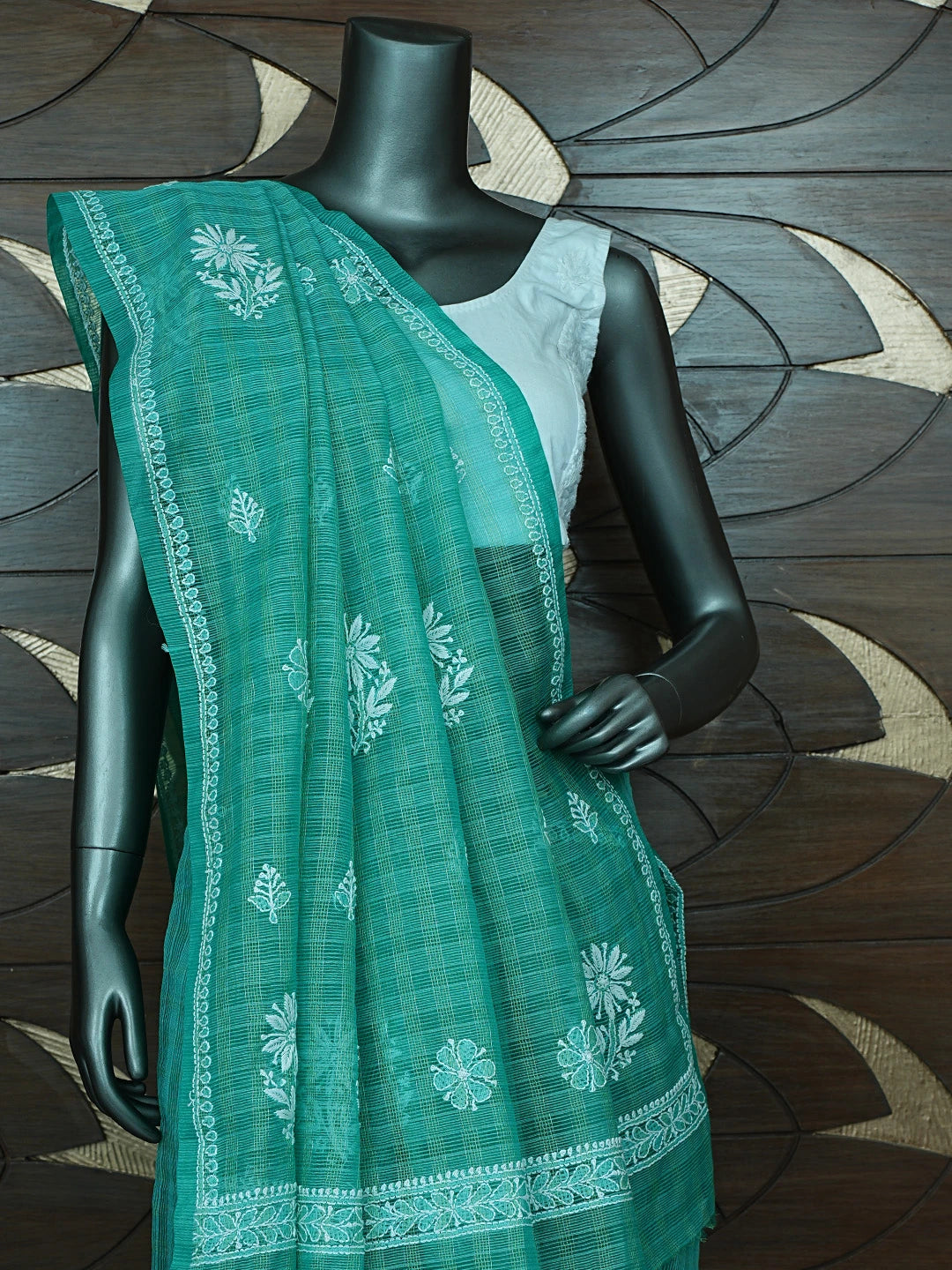 Ada Hand Embroidered Green Super Net Lucknowi Chikankari Saree With Blouse 01A775611