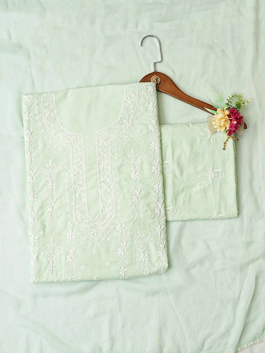 Ada Hand Embroidered Light Green Cotton Lucknowi Chikankari Unstitched Suit Piece 01A773516