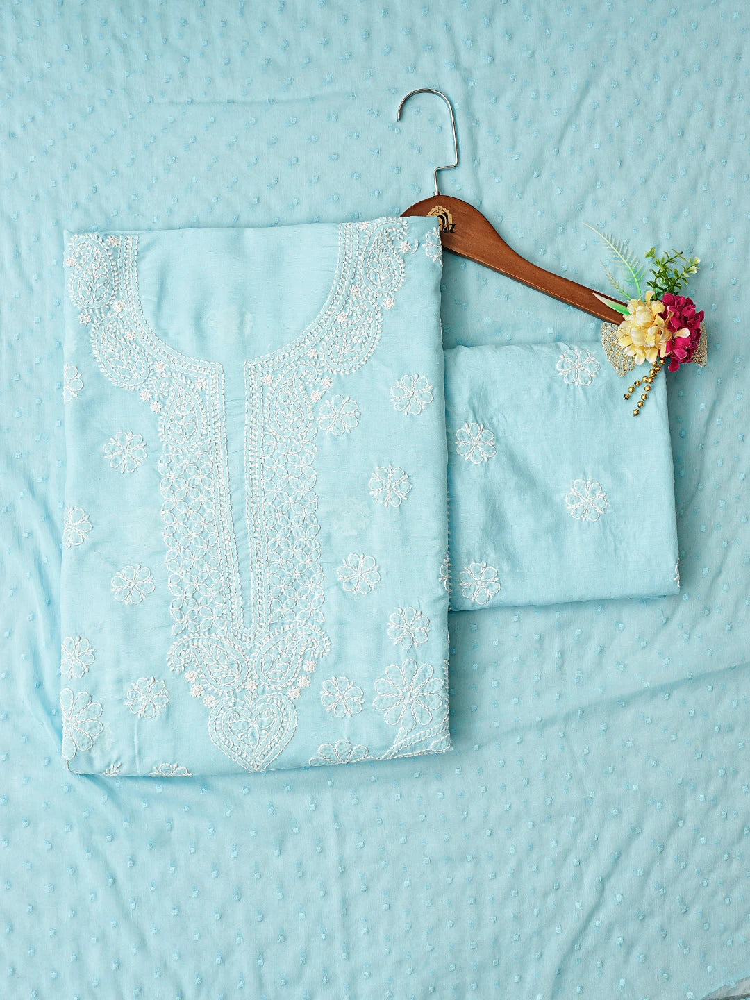 Ada Hand Embroidered Blue Cotton Lucknowi Chikankari Unstitched Suit Piece 01A742577