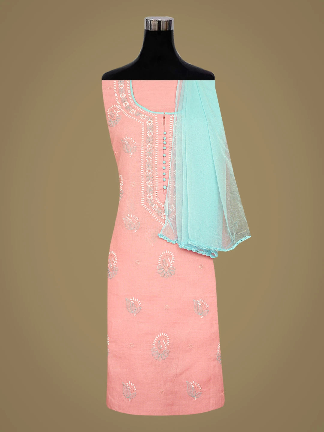 Ada Hand Embroidered Peach Cotton Lucknowi Chikankari Unstitched Suit Piece 01A818962