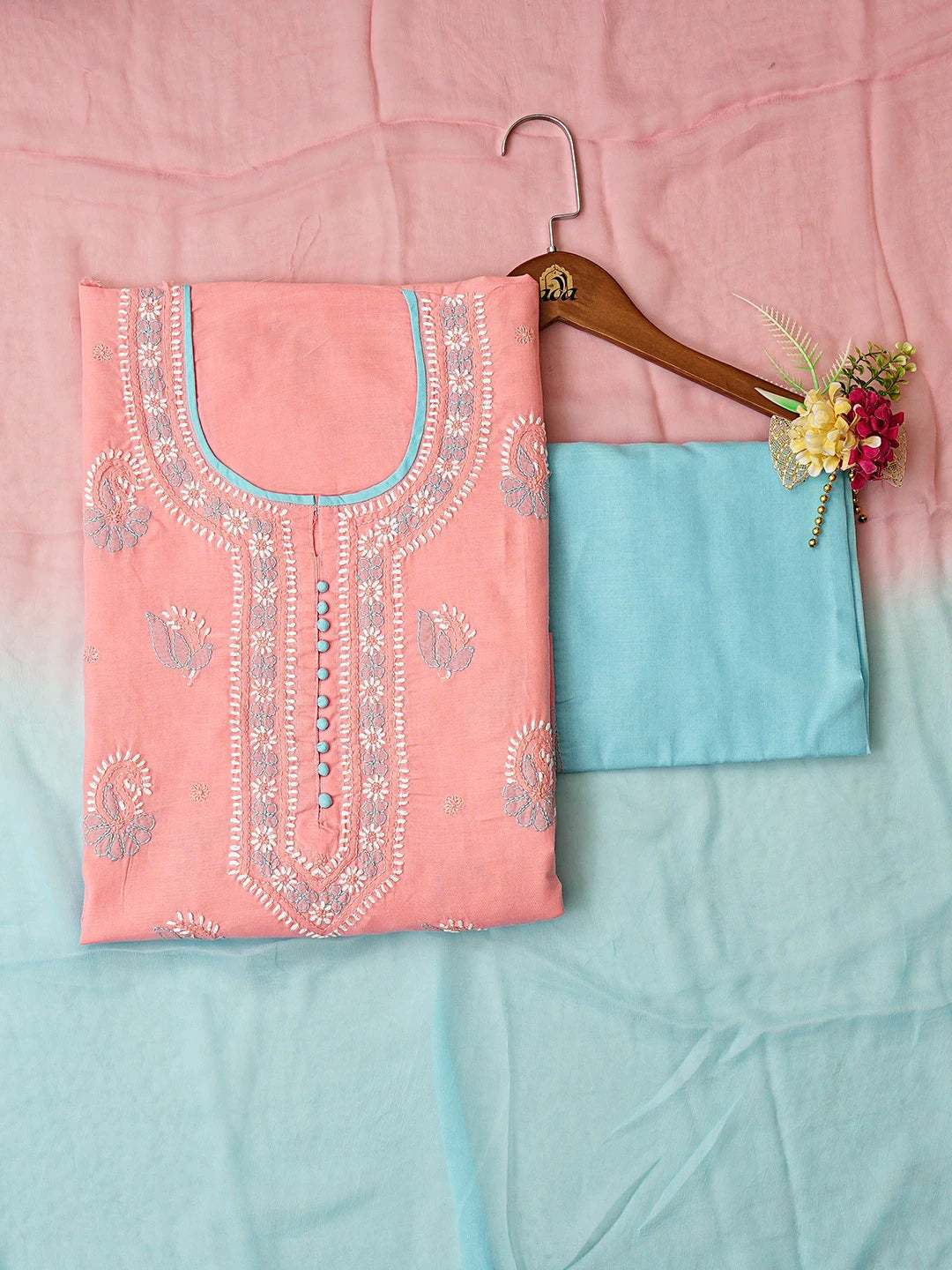 Ada Hand Embroidered Peach Cotton Lucknowi Chikankari Unstitched Suit Piece 01A818962
