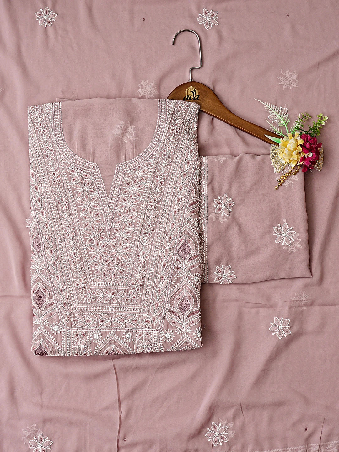 Ada Hand Embroidered Light Mauve Georgette Lucknowi Chikankari Unstitched Suit Piece With Cutdana Work 01A835365