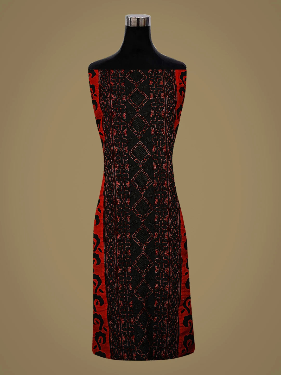 Ada Hand Embroidered Black And Red Cotton Lucknowi Chikankari Unstitched Suit Piece 01A845202