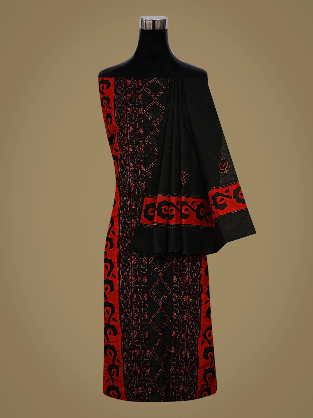 Ada Hand Embroidered Black And Red Cotton Lucknowi Chikankari Unstitched Suit Piece 01A845202