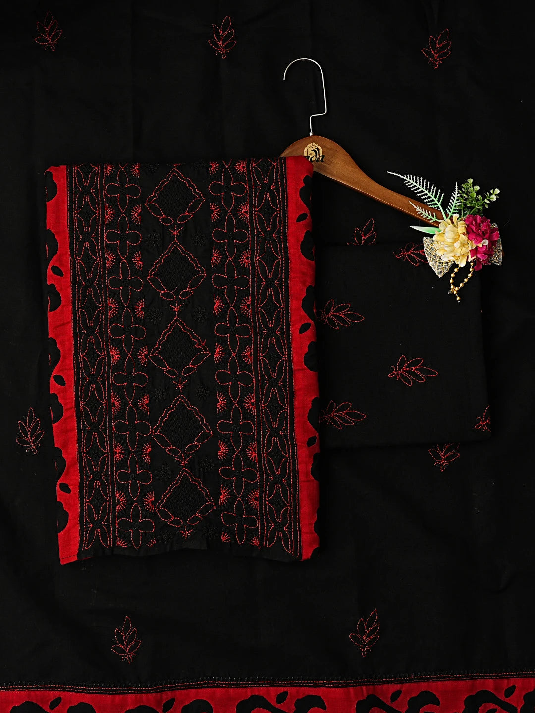 Ada Hand Embroidered Black And Red Cotton Lucknowi Chikankari Unstitched Suit Piece 01A845202