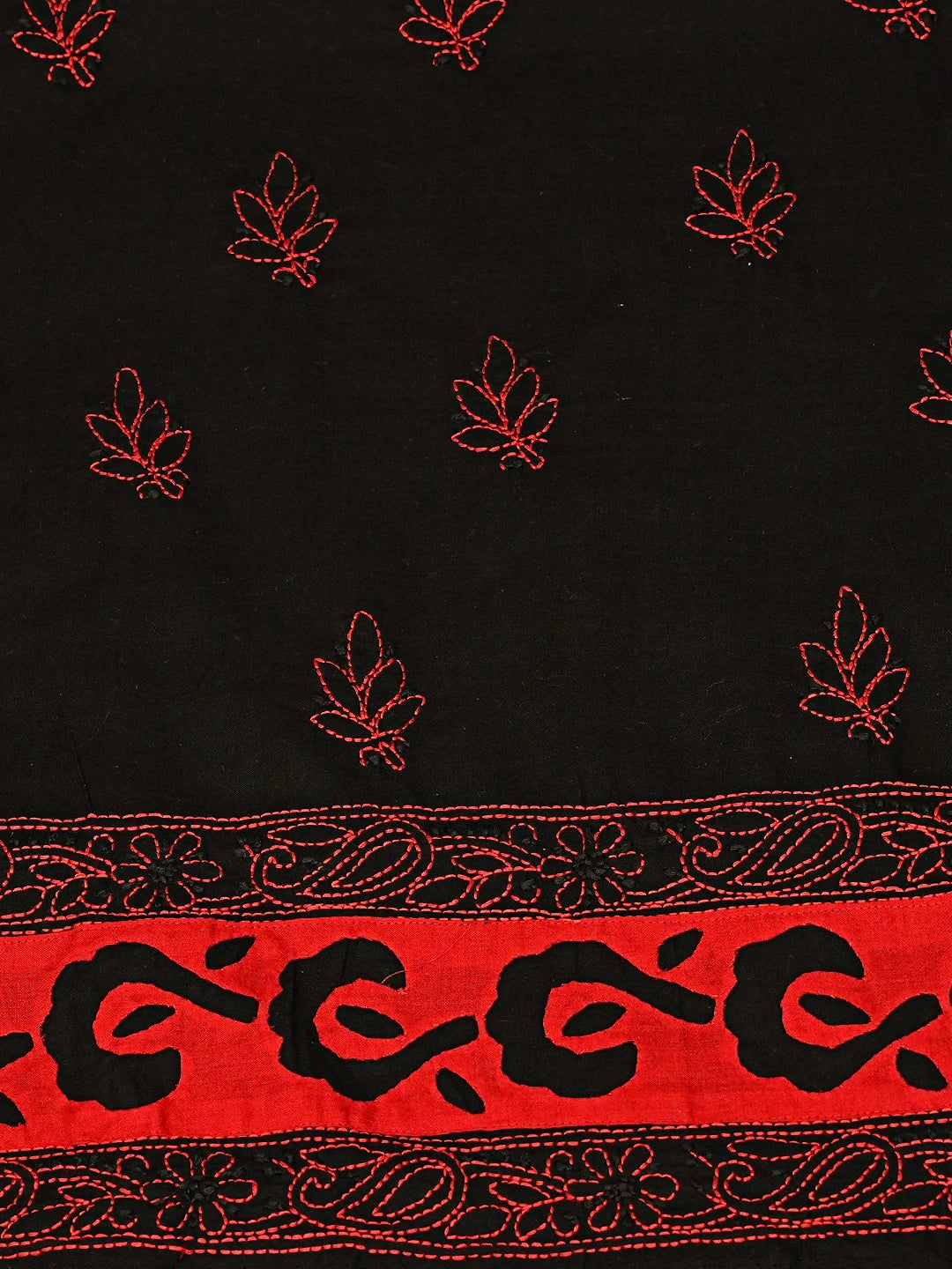 Ada Hand Embroidered Black And Red Cotton Lucknowi Chikankari Unstitched Suit Piece 01A845202