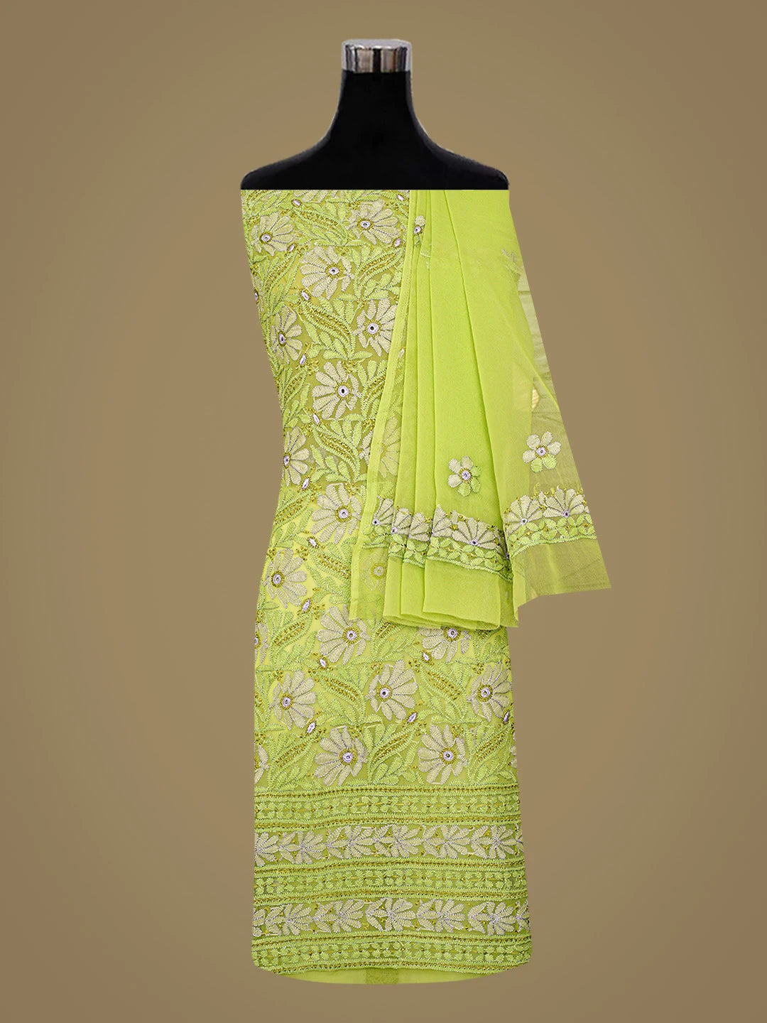 Ada Hand Embroidered Green Georgette Lucknowi Chikankari Unstitched Suit Piece 01A799916